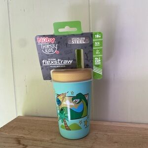 Nuby Thirsty Kids Stainless Steel FlexStraw Cup - Green and Tan